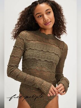 Free People Olive Green Angelina Lace Bodysuit